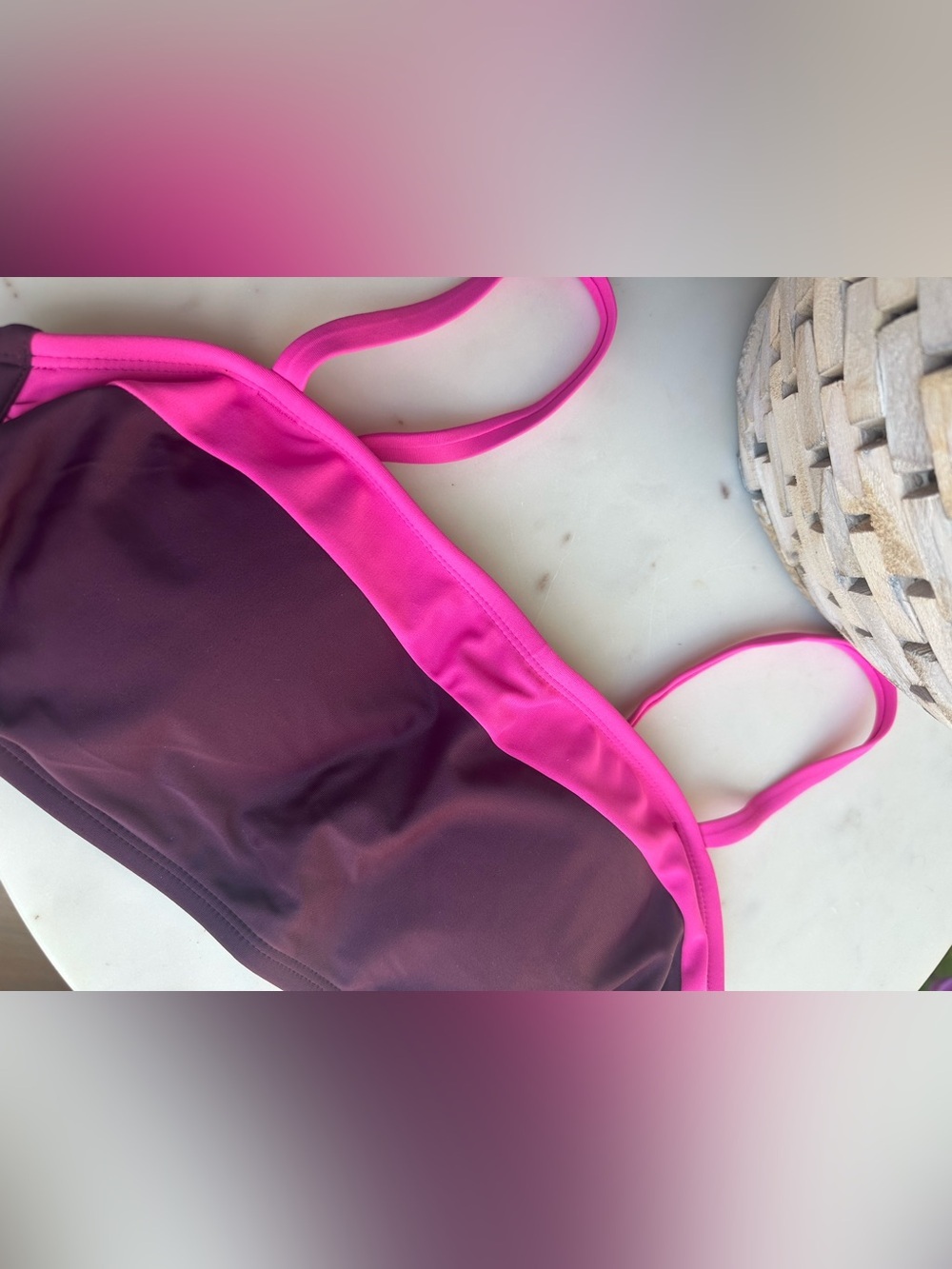 Women’s Pink-Trim Brown Bandeau Swim Top